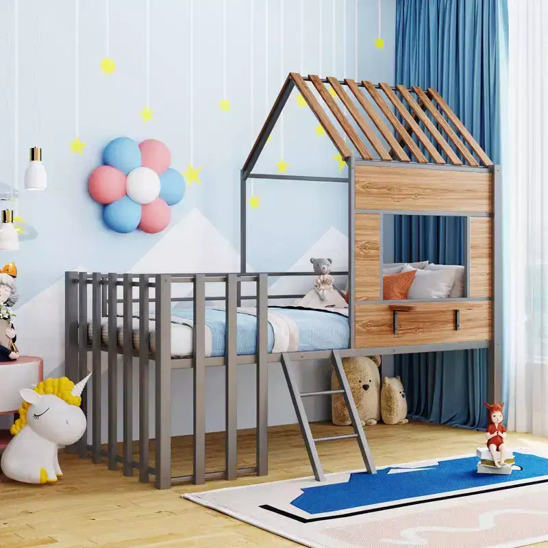 Lit mezzanine Metal House pour enfants, cadre de lit mezzanine double avec toit et fenêtre