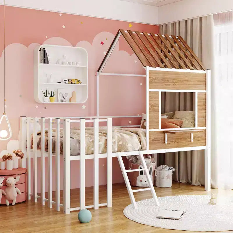 Lit mezzanine Metal House pour enfants, cadre de lit mezzanine double avec toit et fenêtre