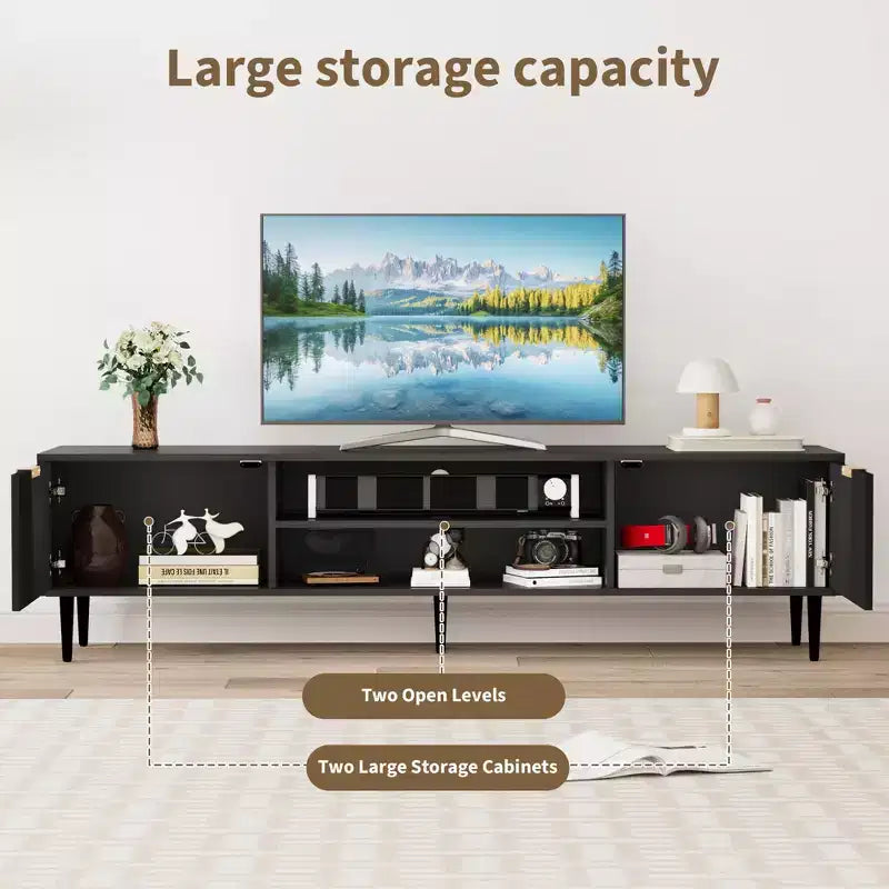 Meubles TV modernes pour téléviseurs de 75 pouces, meuble de rangement avec 2 grands placards, meuble TV avec panneau cannelé