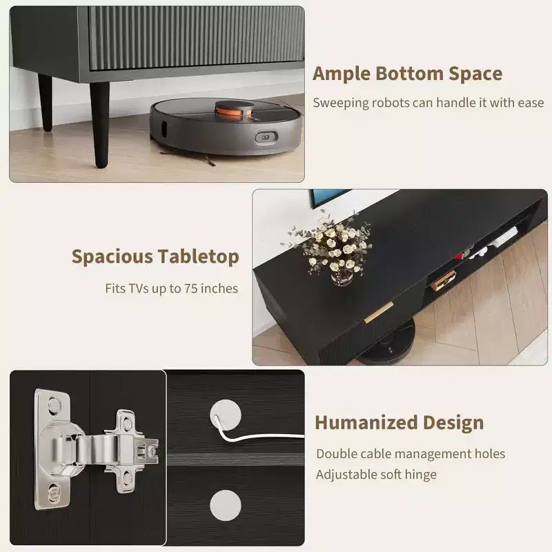 Meubles TV modernes pour téléviseurs de 75 pouces, meuble de rangement avec 2 grands placards, meuble TV avec panneau cannelé