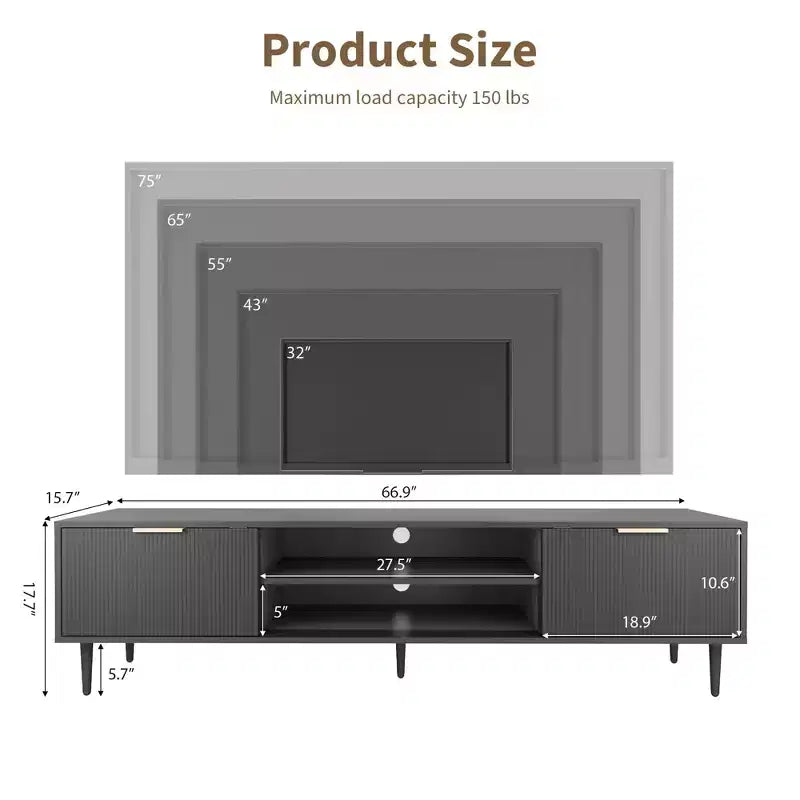 Meubles TV modernes pour téléviseurs de 75 pouces, meuble de rangement avec 2 grands placards, meuble TV avec panneau cannelé