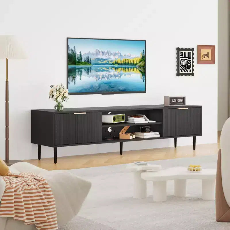 Meubles TV modernes pour téléviseurs de 75 pouces, meuble de rangement avec 2 grands placards, meuble TV avec panneau cannelé
