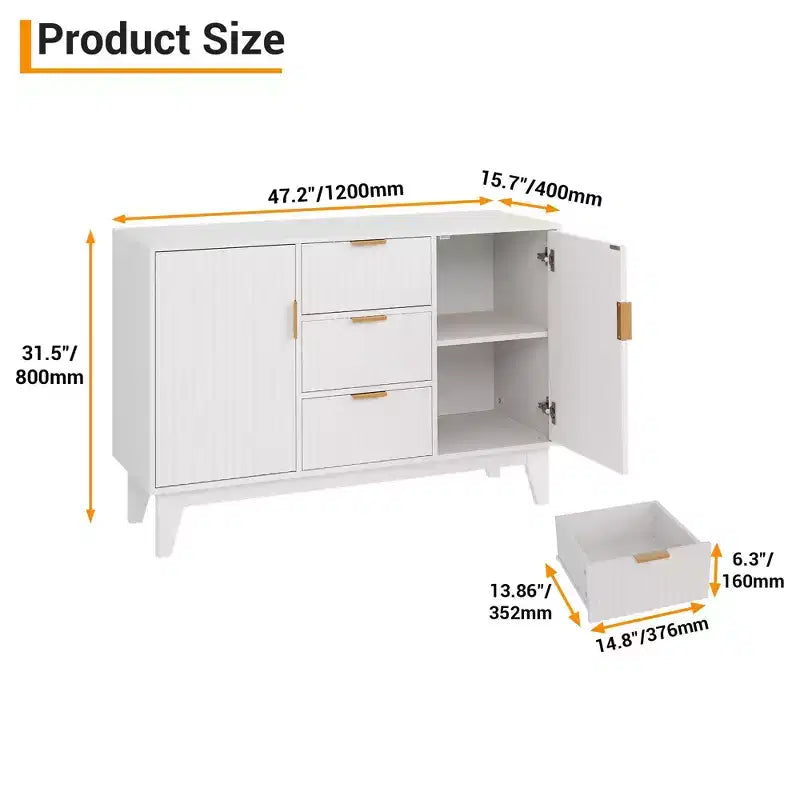 Buffet vaisselier, armoire de rangement d'appoint cannelée de 120 cm avec 3 tiroirs et 2 portes - Blanc pour cuisine, salon, entrée