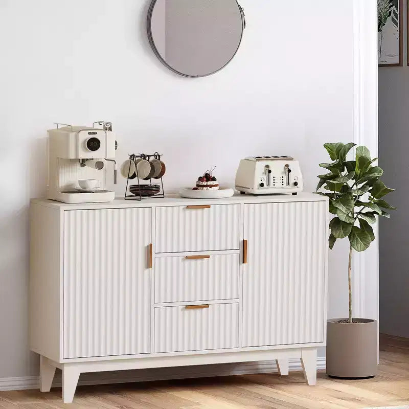Buffet vaisselier, armoire de rangement d'appoint cannelée de 120 cm avec 3 tiroirs et 2 portes - Blanc pour cuisine, salon, entrée