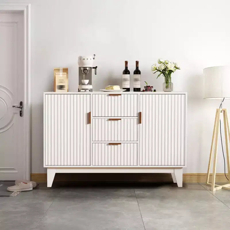 Buffet vaisselier, armoire de rangement d'appoint cannelée de 120 cm avec 3 tiroirs et 2 portes - Blanc pour cuisine, salon, entrée
