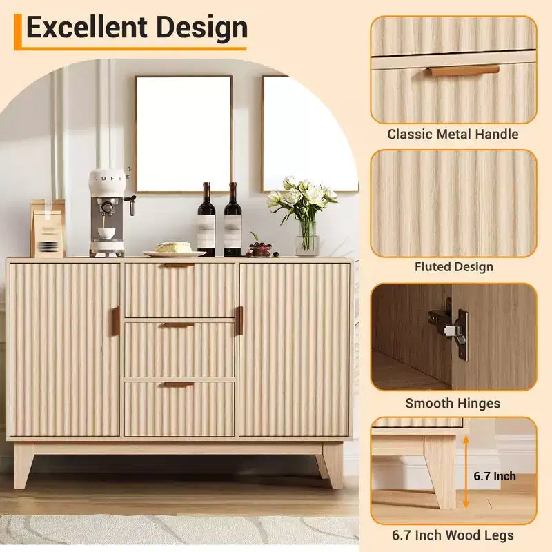 Buffet vaisselier, armoire de rangement d'appoint cannelée de 120 cm avec 3 tiroirs et 2 portes - Blanc pour cuisine, salon, entrée