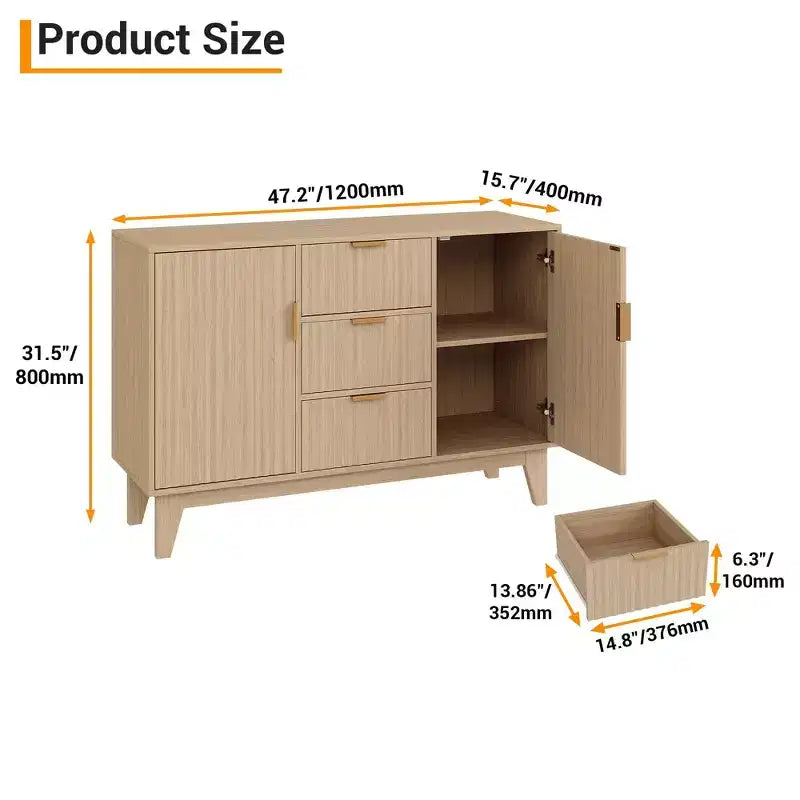 Buffet vaisselier, armoire de rangement d'appoint cannelée de 120 cm avec 3 tiroirs et 2 portes - Blanc pour cuisine, salon, entrée