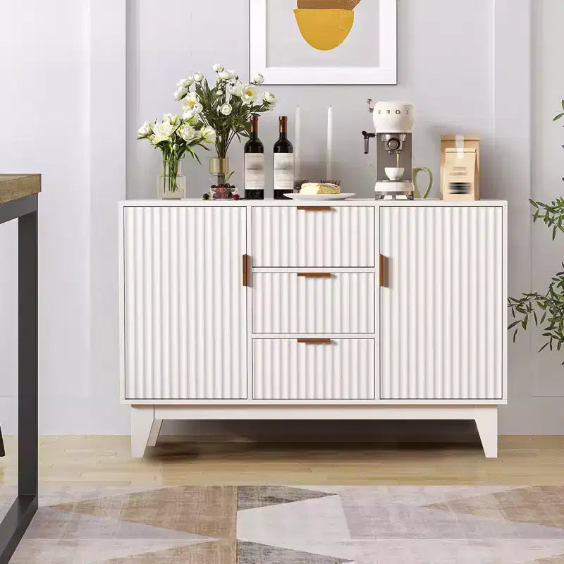 Buffet vaisselier, armoire de rangement d'appoint cannelée de 120 cm avec 3 tiroirs et 2 portes - Blanc pour cuisine, salon, entrée