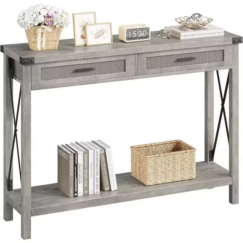 Console en rotin pour entrée - Table d'entrée bohème avec rangement et tiroirs, petites tables d'entrée, 109 cm