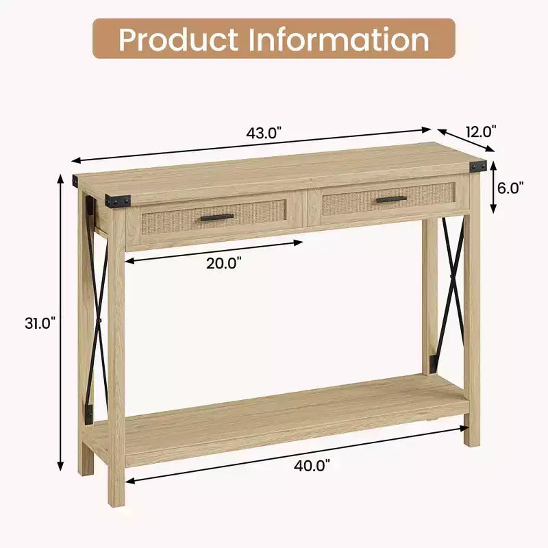 Console en rotin pour entrée - Table d'entrée bohème avec rangement et tiroirs, petites tables d'entrée, 109 cm