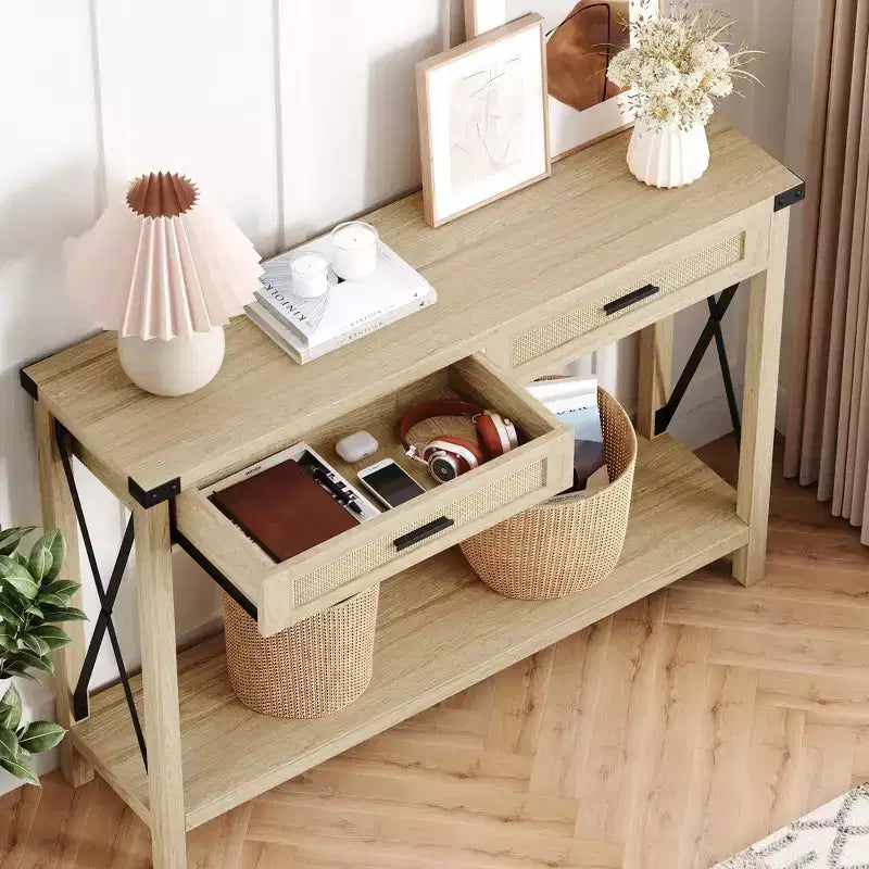 Console en rotin pour entrée - Table d'entrée bohème avec rangement et tiroirs, petites tables d'entrée, 109 cm