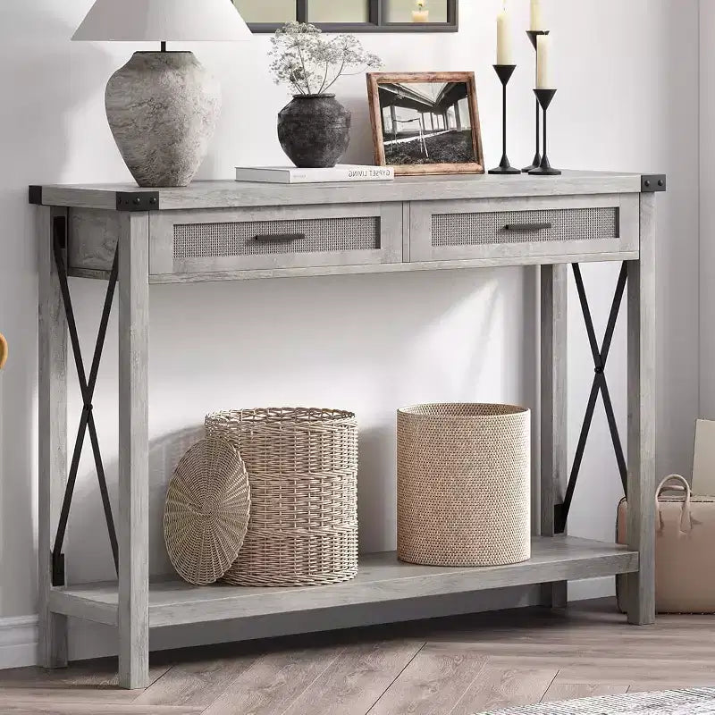 Console en rotin pour entrée - Table d'entrée bohème avec rangement et tiroirs, petites tables d'entrée, 109 cm