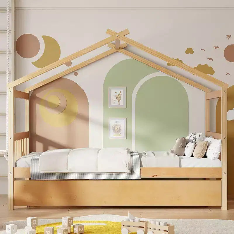 Lit cabane en bois de taille double avec lit gigogne de taille double