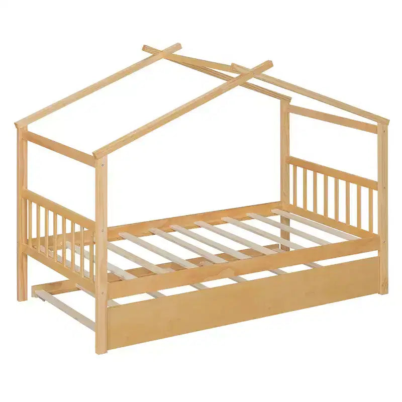 Lit cabane en bois de taille double avec lit gigogne de taille double