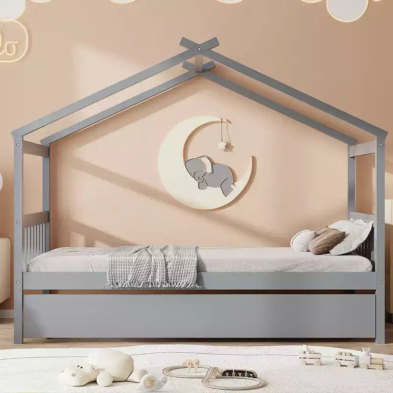 Lit cabane en bois de taille double avec lit gigogne de taille double