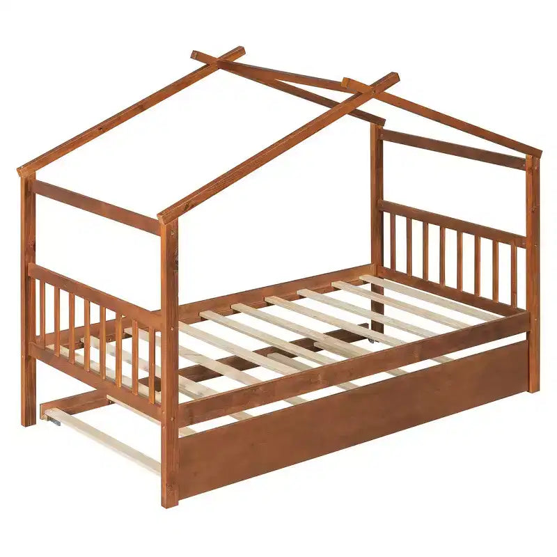 Lit cabane en bois de taille double avec lit gigogne de taille double