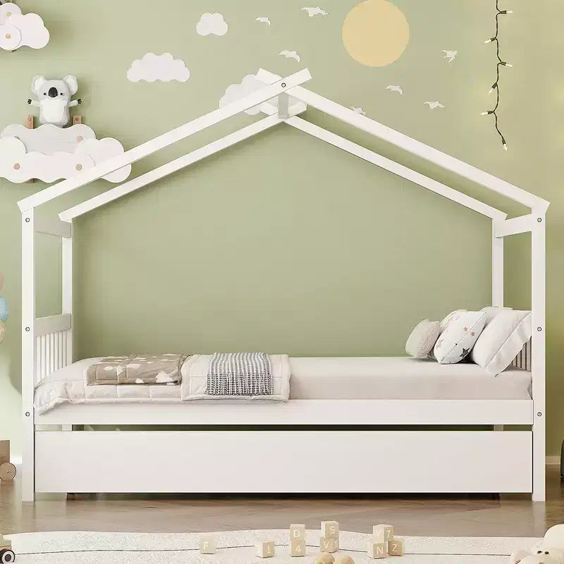 Lit cabane en bois de taille double avec lit gigogne de taille double