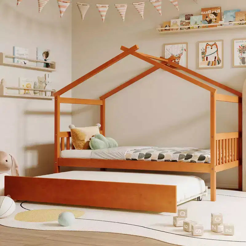 Lit cabane en bois de taille double avec lit gigogne de taille double