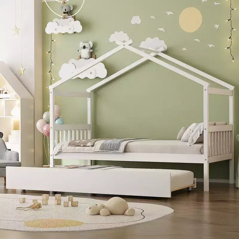 Lit cabane en bois de taille double avec lit gigogne de taille double