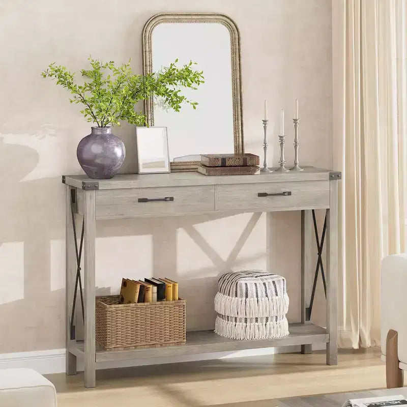 Console de 31 pouces avec tiroirs et étagère ouverte, table de canapé étroite à 2 niveaux pour entrée, salon, couloir