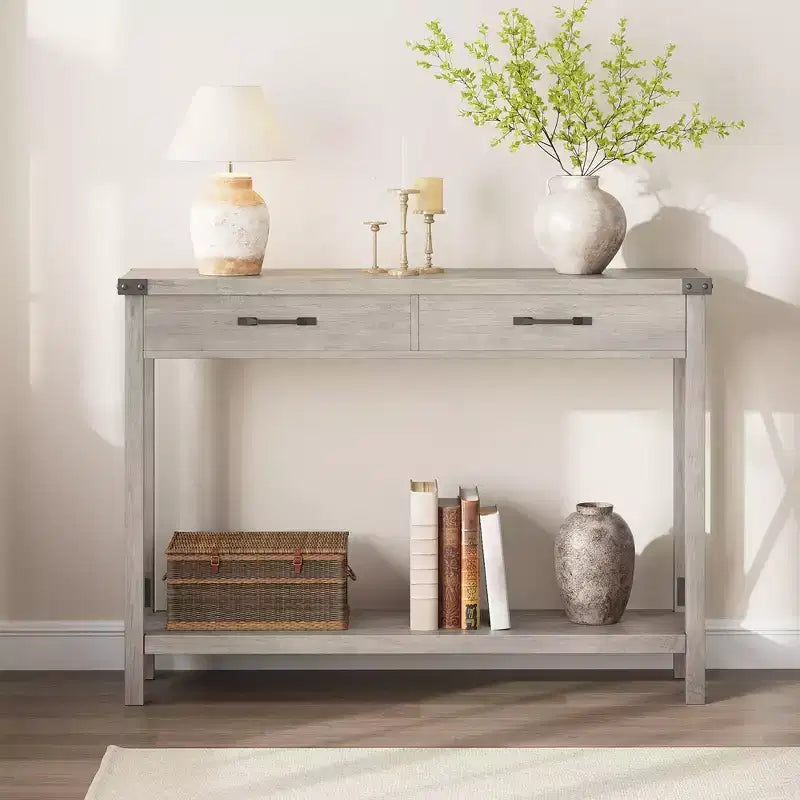Console de 31 pouces avec tiroirs et étagère ouverte, table de canapé étroite à 2 niveaux pour entrée, salon, couloir