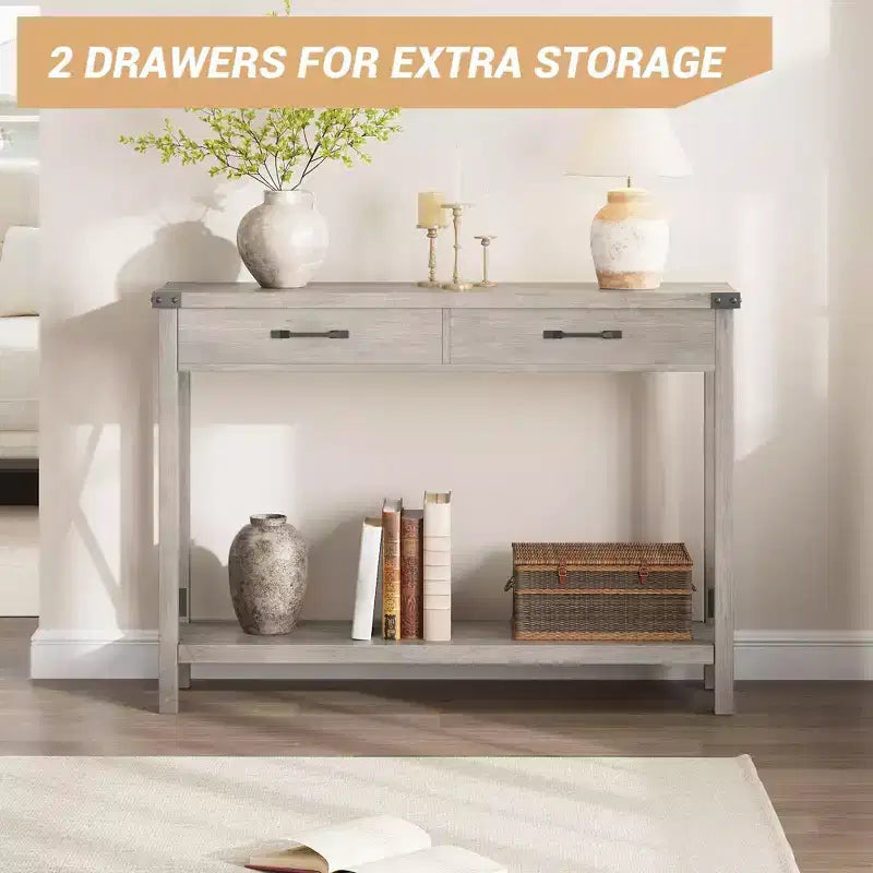 Console de 31 pouces avec tiroirs et étagère ouverte, table de canapé étroite à 2 niveaux pour entrée, salon, couloir