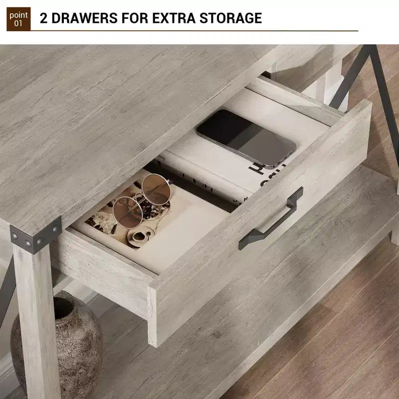 Console de 31 pouces avec tiroirs et étagère ouverte, table de canapé étroite à 2 niveaux pour entrée, salon, couloir