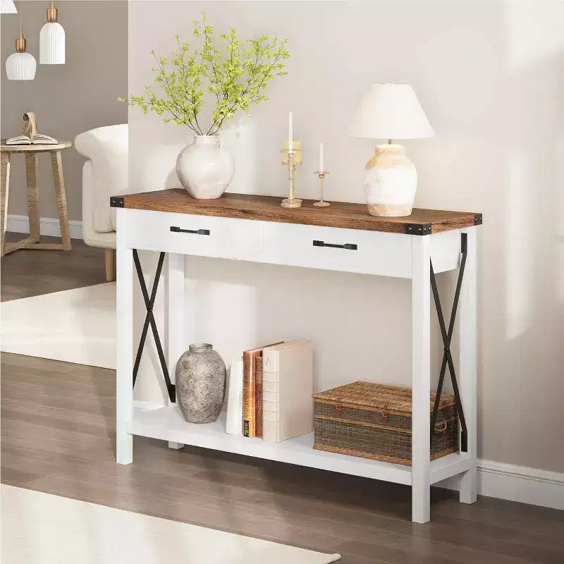 Console de 31 pouces avec tiroirs et étagère ouverte, table de canapé étroite à 2 niveaux pour entrée, salon, couloir