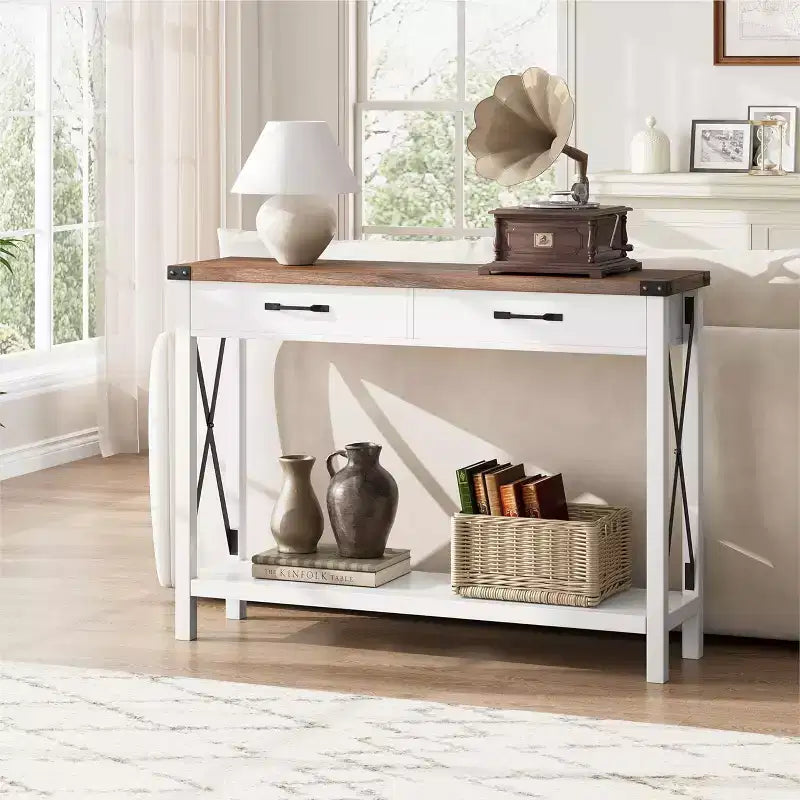 Console de 31 pouces avec tiroirs et étagère ouverte, table de canapé étroite à 2 niveaux pour entrée, salon, couloir