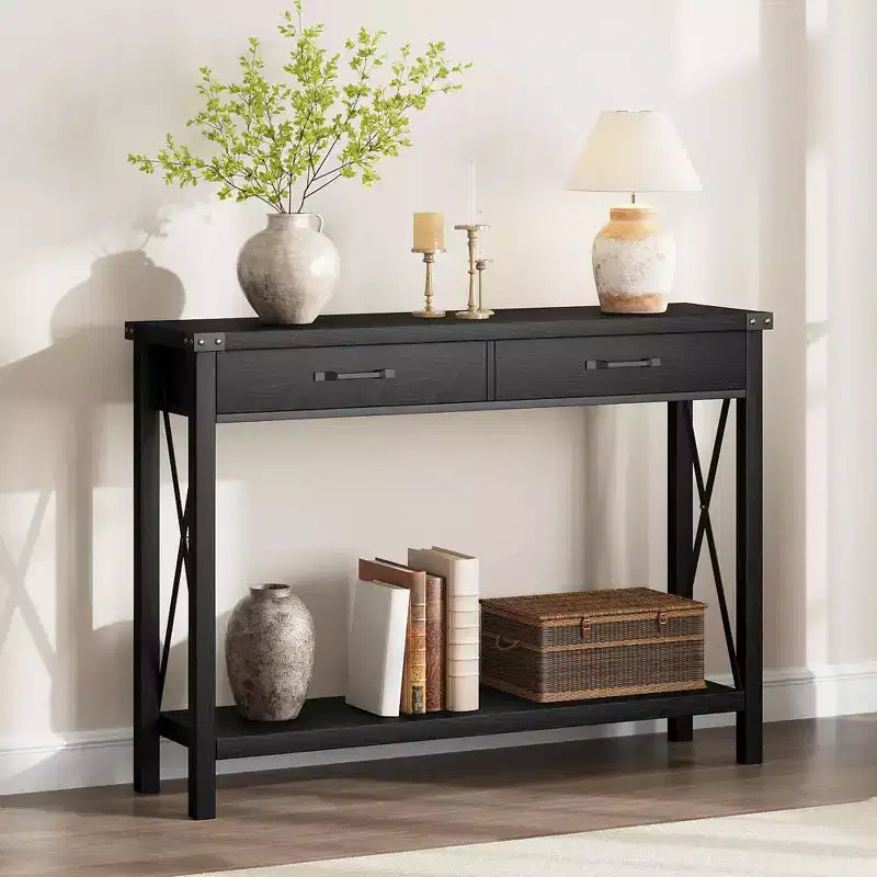 Console de 31 pouces avec tiroirs et étagère ouverte, table de canapé étroite à 2 niveaux pour entrée, salon, couloir