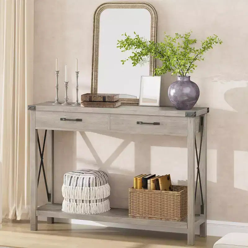 Console de 31 pouces avec tiroirs et étagère ouverte, table de canapé étroite à 2 niveaux pour entrée, salon, couloir