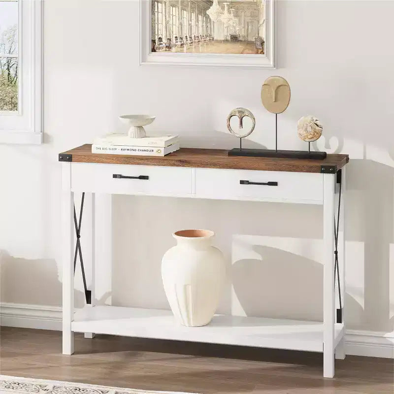 Console de 31 pouces avec tiroirs et étagère ouverte, table de canapé étroite à 2 niveaux pour entrée, salon, couloir