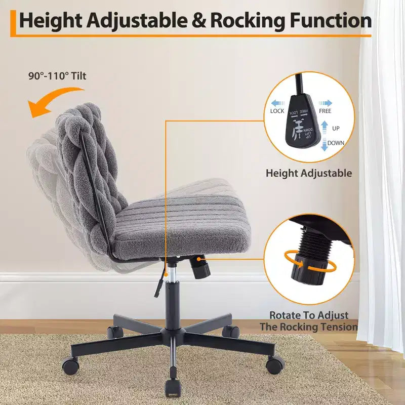 Chaise de bureau, Chaise Criss Cross avec fonction de balancement et hauteur réglable, Chaise pivotante sans accoudoirs confortable, Chaise roulante pour les jambes croisées, capacité de 136 kg