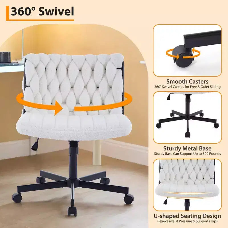 Chaise de bureau, Chaise Criss Cross avec fonction de balancement et hauteur réglable, Chaise pivotante sans accoudoirs confortable, Chaise roulante pour les jambes croisées, capacité de 136 kg
