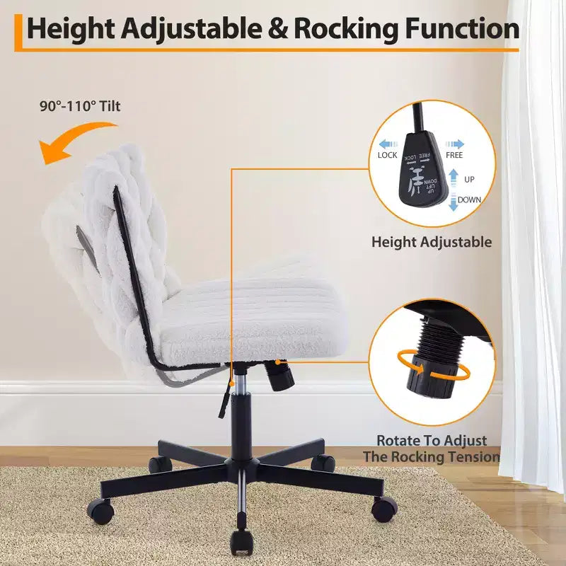 Chaise de bureau, Chaise Criss Cross avec fonction de balancement et hauteur réglable, Chaise pivotante sans accoudoirs confortable, Chaise roulante pour les jambes croisées, capacité de 136 kg