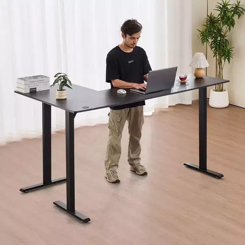 Bureau en L, bureau de jeu d'angle électrique réglable en hauteur avec deux crochets, table d'ordinateur en acier au carbone robuste en forme de L, noir