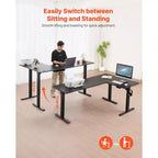 Bureau en L, bureau de jeu d'angle électrique réglable en hauteur avec deux crochets, table d'ordinateur en acier au carbone robuste en forme de L, noir