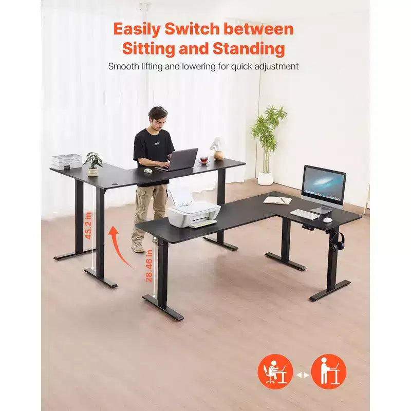 Bureau en L, bureau de jeu d'angle électrique réglable en hauteur avec deux crochets, table d'ordinateur en acier au carbone robuste en forme de L, noir