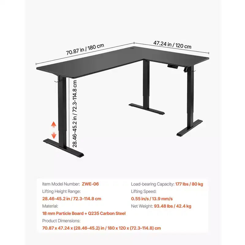 Bureau en L, bureau de jeu d'angle électrique réglable en hauteur avec deux crochets, table d'ordinateur en acier au carbone robuste en forme de L, noir