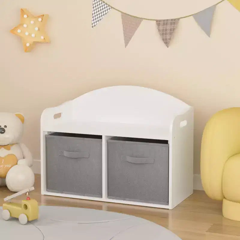Boîte à jouets/Banc pour enfants en bois avec tiroirs en tissu pliable, Organiseur de rangement pour jouets, Blanc