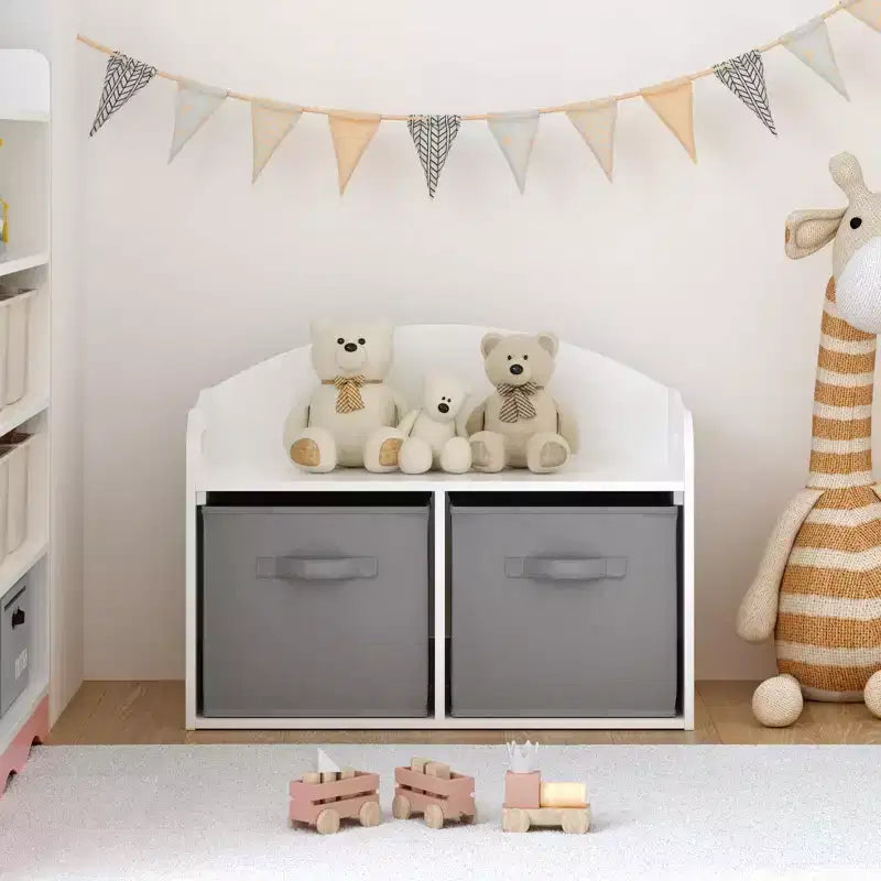 Boîte à jouets/Banc pour enfants en bois avec tiroirs en tissu pliable, Organiseur de rangement pour jouets, Blanc