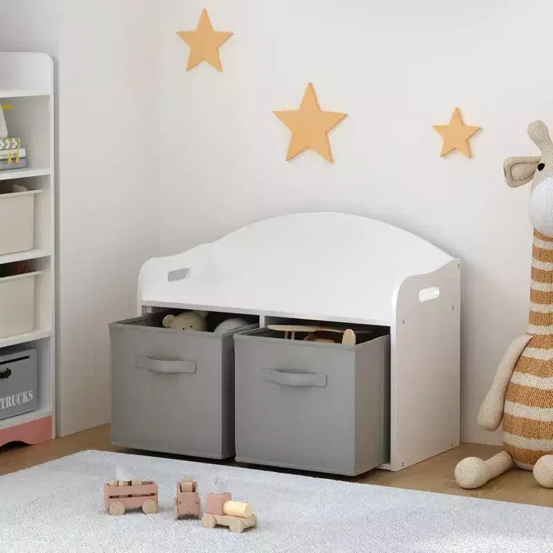 Boîte à jouets/Banc pour enfants en bois avec tiroirs en tissu pliable, Organiseur de rangement pour jouets, Blanc