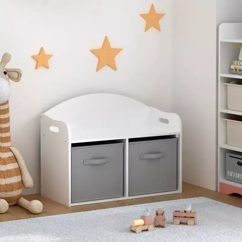 Boîte à jouets/Banc pour enfants en bois avec tiroirs en tissu pliable, Organiseur de rangement pour jouets, Blanc