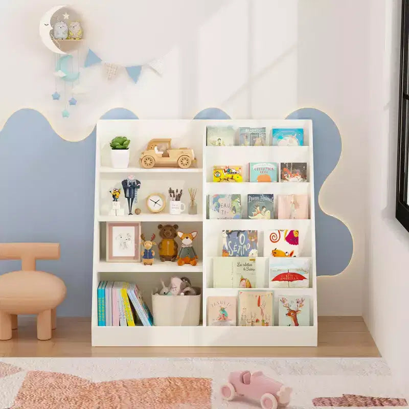 Étagère à livres pour enfants et organisateur de jouets, étagère à livres multifonctionnelle à 4 niveaux en bois avec présentoir de bibliothèque pour chambre d'enfants, salle de jeux, crèche