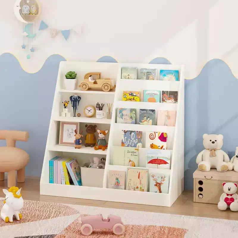 Étagère à livres pour enfants et organisateur de jouets, étagère à livres multifonctionnelle à 4 niveaux en bois avec présentoir de bibliothèque pour chambre d'enfants, salle de jeux, crèche