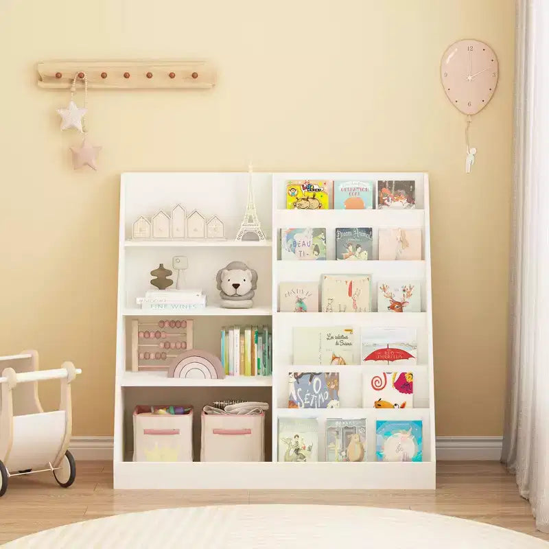 Étagère à livres pour enfants et organisateur de jouets, étagère à livres multifonctionnelle à 4 niveaux en bois avec présentoir de bibliothèque pour chambre d'enfants, salle de jeux, crèche