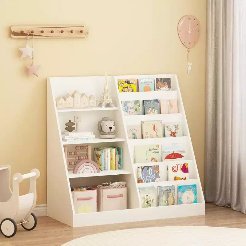 Étagère à livres pour enfants et organisateur de jouets, étagère à livres multifonctionnelle à 4 niveaux en bois avec présentoir de bibliothèque pour chambre d'enfants, salle de jeux, crèche