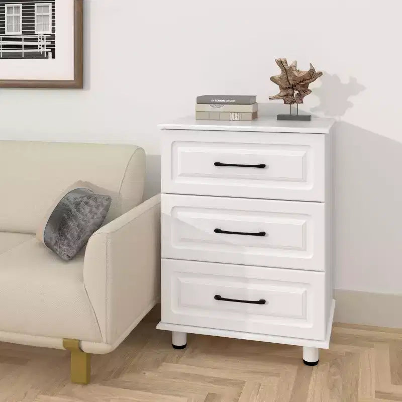 Commode à 3 tiroirs, table de chevet moderne, petites commodes avec tiroirs, commode en bois avec poignées en acier, blanc