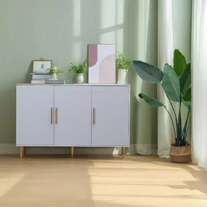 Grand meuble de rangement de 139,95 cm, Buffet avec 3 portes et poignées dorées, Meuble de rangement pour cuisine, salle à manger, salon, Blanc