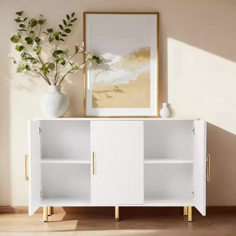 Grand meuble de rangement de 139,95 cm, Buffet avec 3 portes et poignées dorées, Meuble de rangement pour cuisine, salle à manger, salon, Blanc